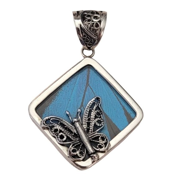 Sterling Silver Butterfly Charm, Blue Wing Large Filigree Bale Pendant E584 - Picture 9 of 9